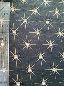 Orbit Moon Stars on black Metalic cotton fabric